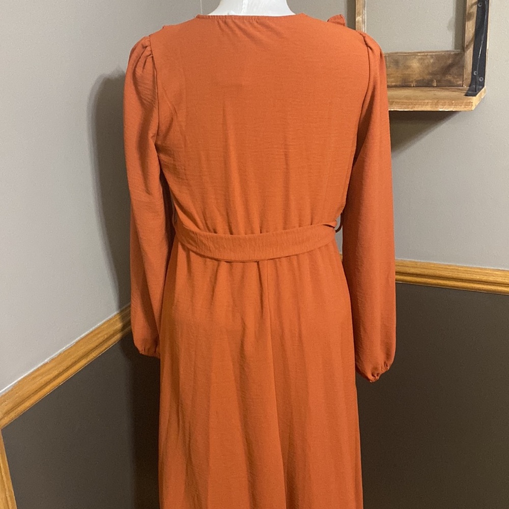 Simplee burnt orange v neck ruffle wrap long sleeve dress size small - Picture 8 of 11
